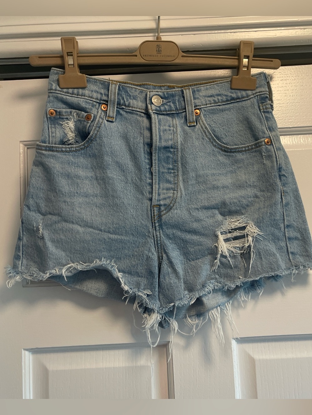 Levi's Light Blue Distressed High-Rise Denim Shorts